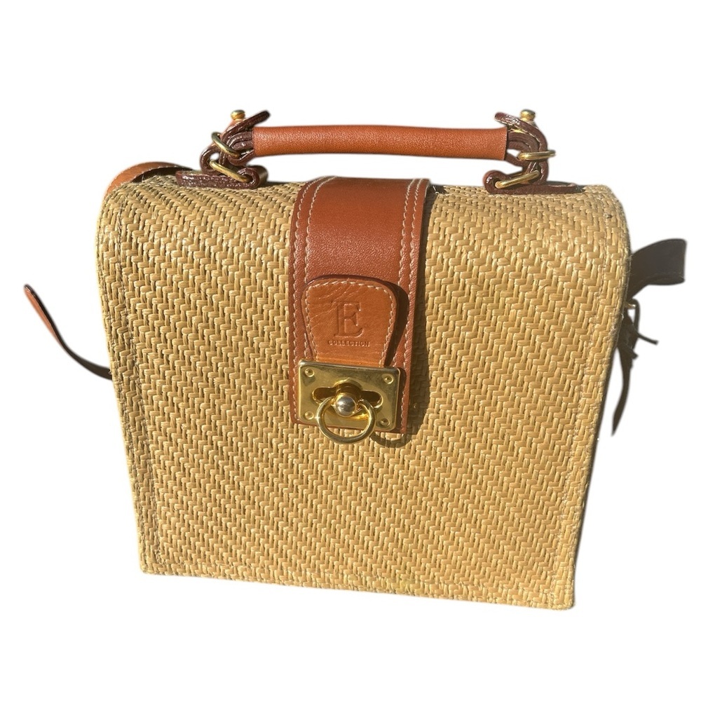 Vintage Woven Boxy Structured Leather Trim Crossbody Gold Hardware Old Money
